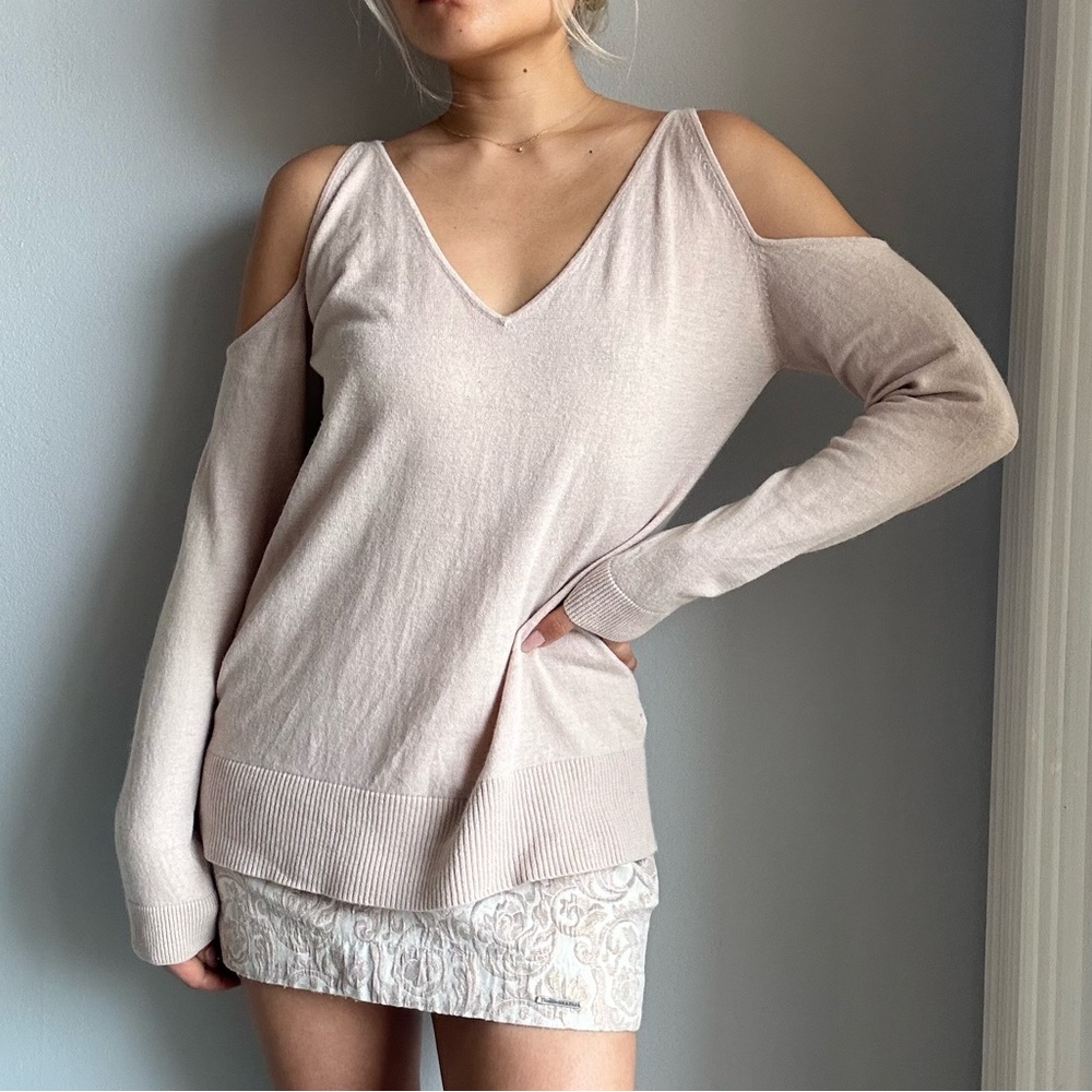 French Connection Beige V Neck Cold Shoulder Angora Wool Knit Sweater